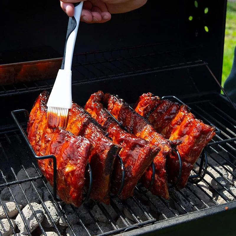 Non Stick BBQ Rib Rack Steel Roasting Stand for Grilling 4 Ribs on Gas Grill or Smoker