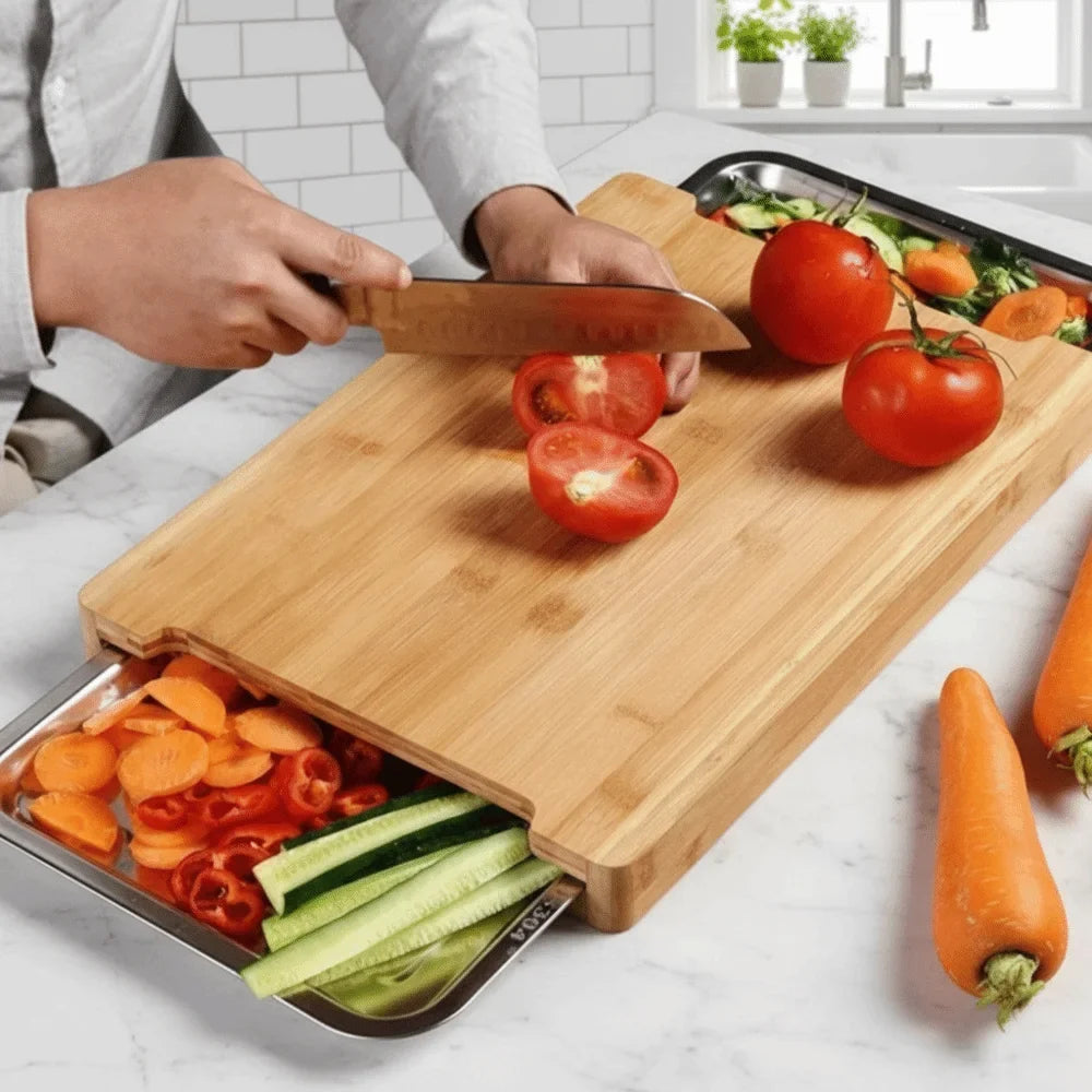 Drawer Cutting Board with Non Slip Wooden Surface and Pull Out Storage Trays for Kitchen Prep