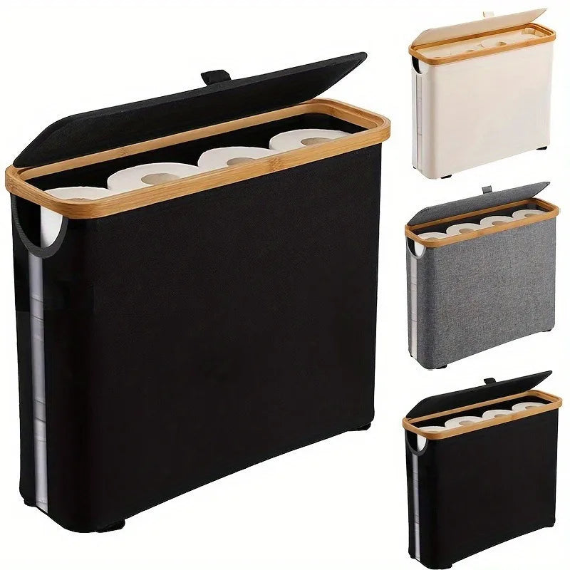Toilet Paper Storage Basket with Bamboo Lid and Transparent Window for Bathroom Organization