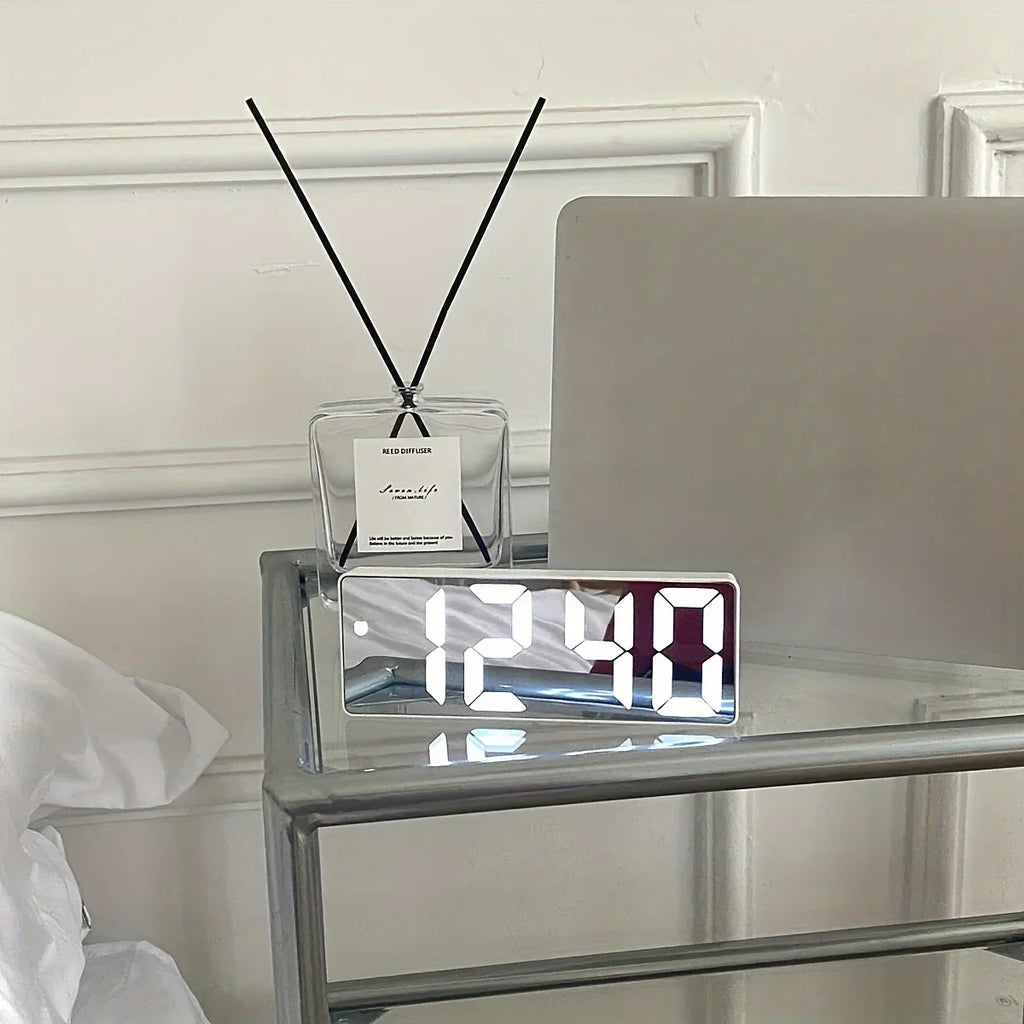 Digital LED Mirror Alarm Clock with Temperature Display and Dual Power Modes for Bedroom and Desk Use