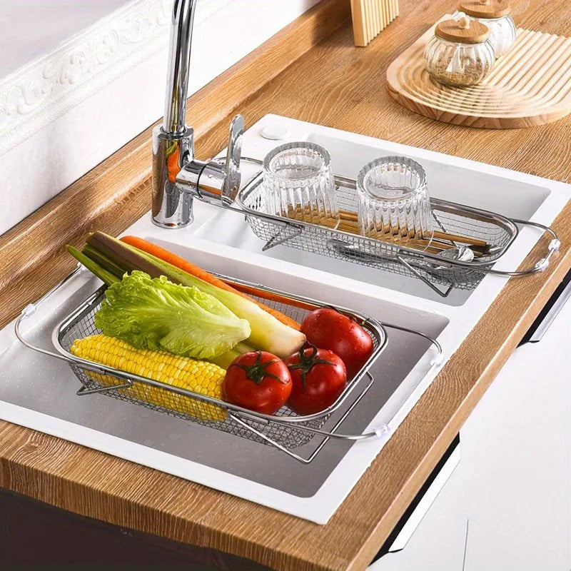 Stainless Steel Over Sink Colander with Adjustable Handle for Washing, Draining, and Straining Food
