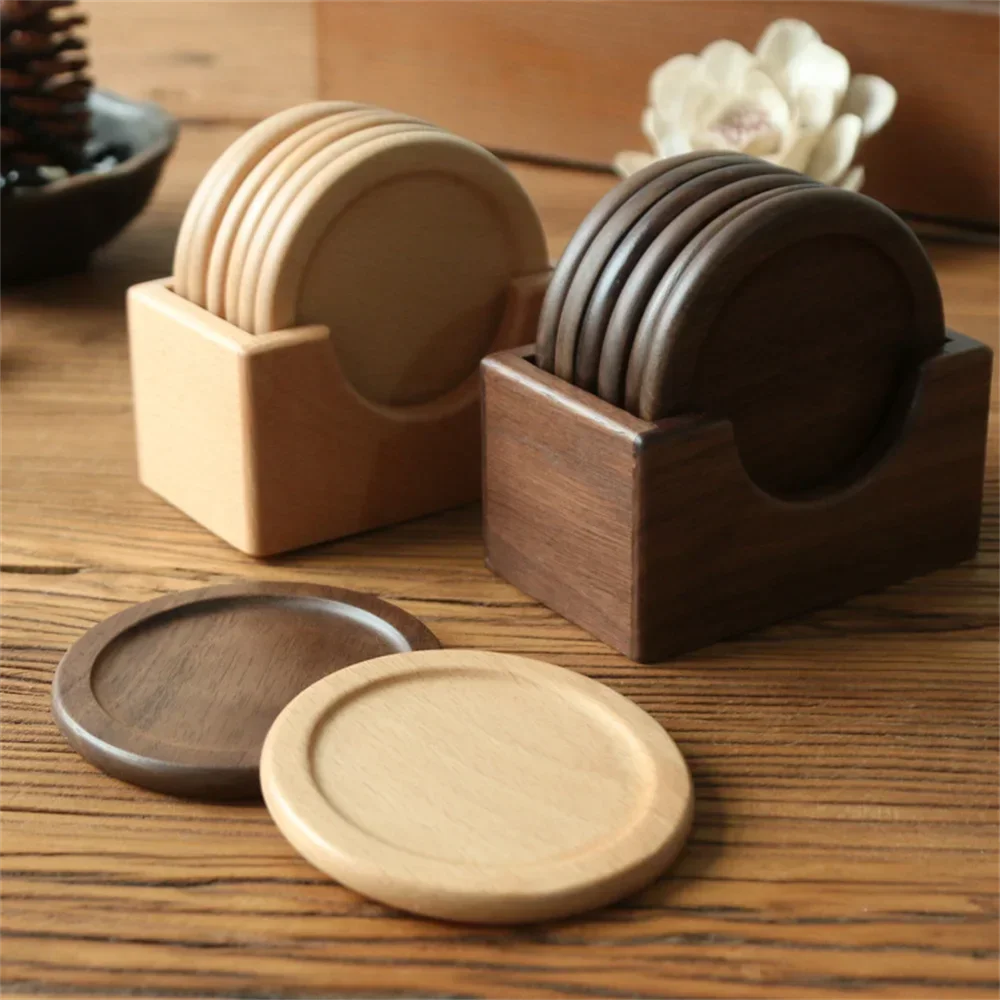 Walnut Wood Coaster Set Round Square Wooden Cup Mats Heat Resistant Drink Coasters for Coffee Tea Desk Table