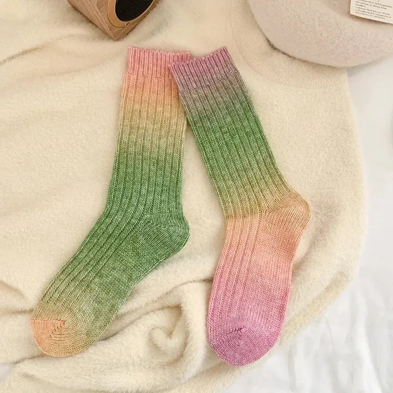 Gradient Wool Cashmere Long Knit Socks for Women with Thick Thermal Knit for Autumn and Winter Wear
