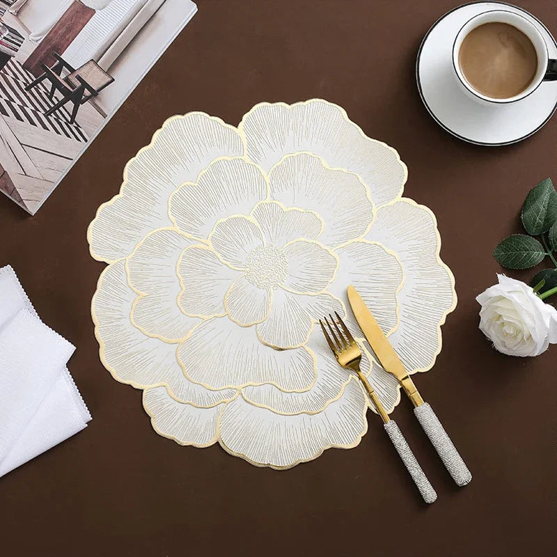 Nordic Style Peony Placemat Gold PVC Round Table Mat Anti Slip Waterproof Dining Table Decor