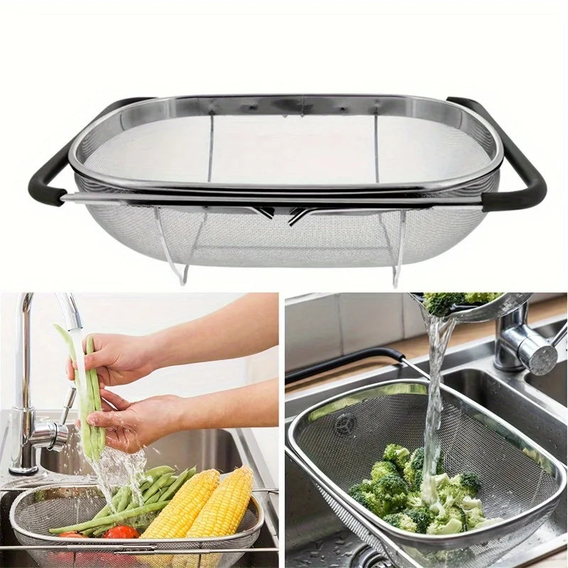 Stainless Steel Over Sink Colander with Adjustable Handle for Washing, Draining, and Straining Food