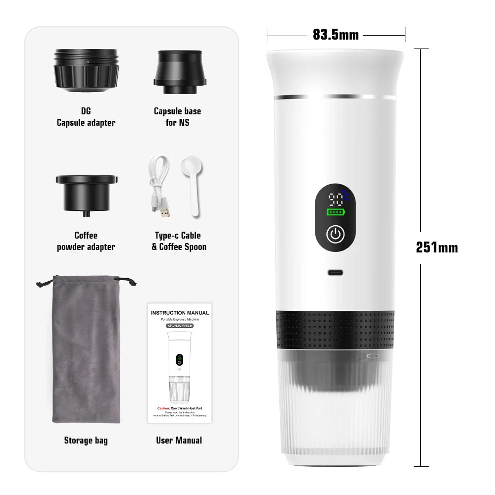 Portable Espresso Coffee Machine with Digital Display and 3 in 1 Capsule Design for Travel and Camping Use