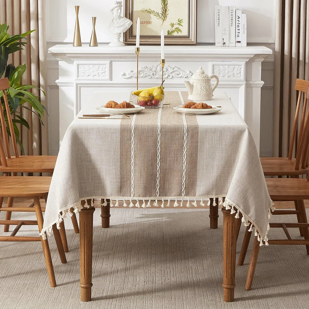 Linen Table Cloth Farmhouse Cotton Blend with Water Resistant Coating and Tassel Edges for Dining Table