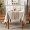Linen Table Cloth Farmhouse Cotton Blend with Water Resistant Coating and Tassel Edges for Dining Table