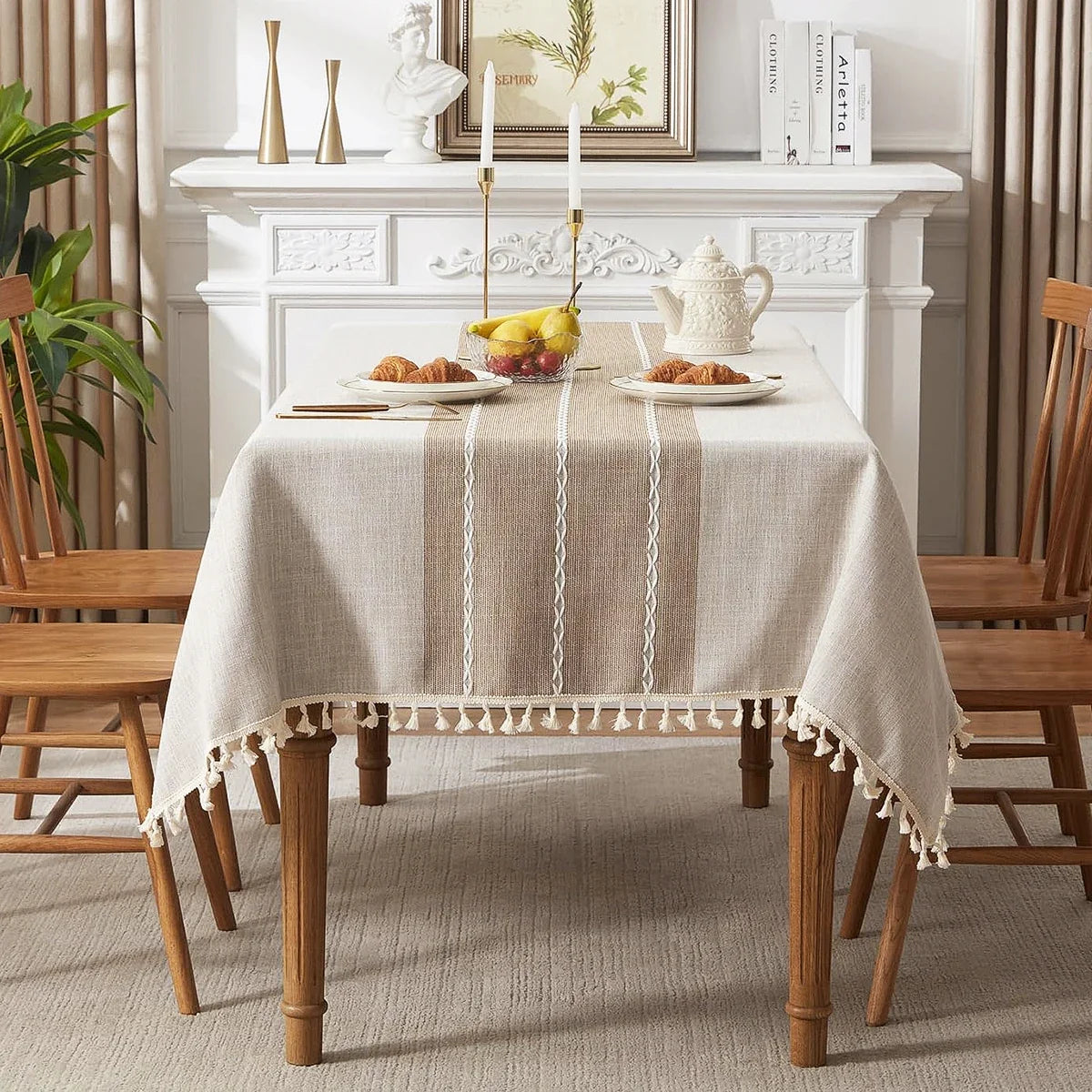 Linen Table Cloth Farmhouse Cotton Blend with Water Resistant Coating and Tassel Edges for Dining Table