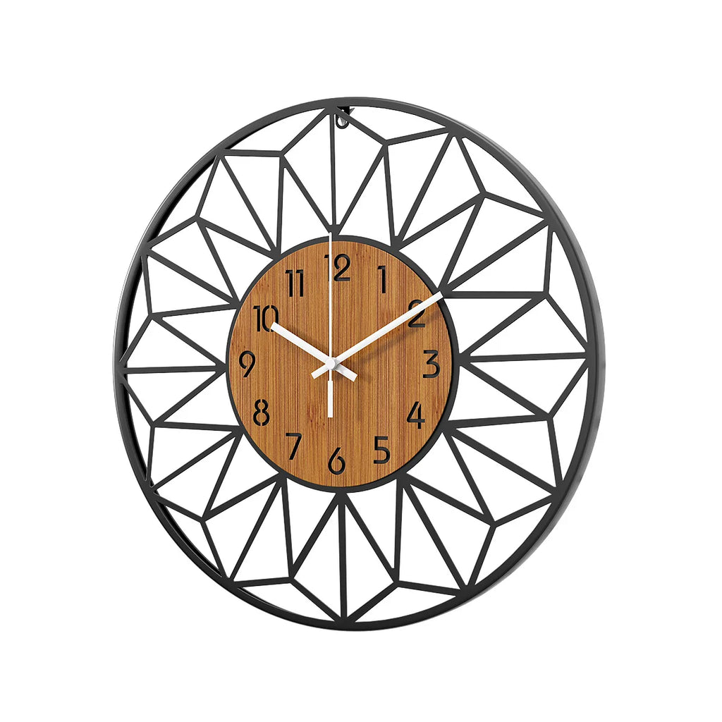 Geometric Metal Wall Clock with Hollow Frame and Simulated Wood Grain Dial for Living Room Decor