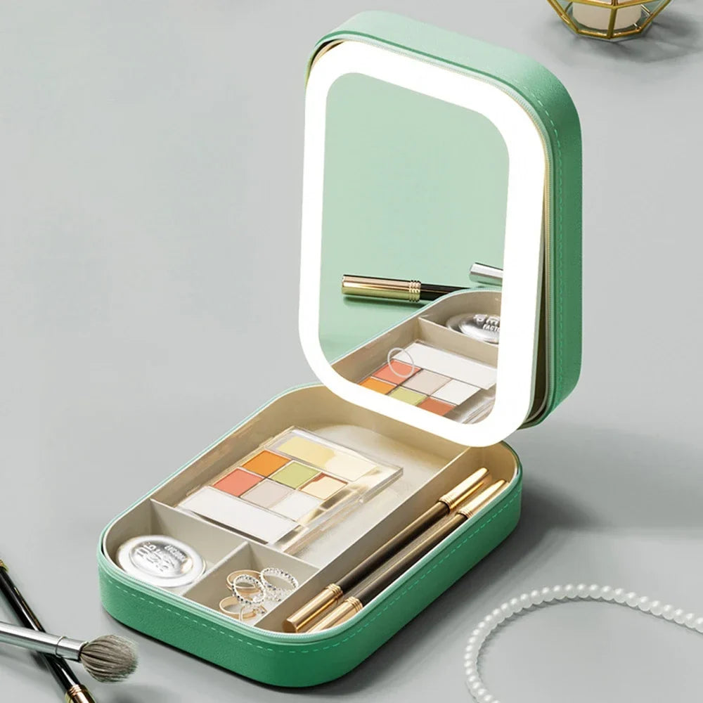 LED Makeup Case with Portable Mirror and Large Capacity Storage for Travel Beauty Organization (7×5×2" /16.5×11.5×6cm)