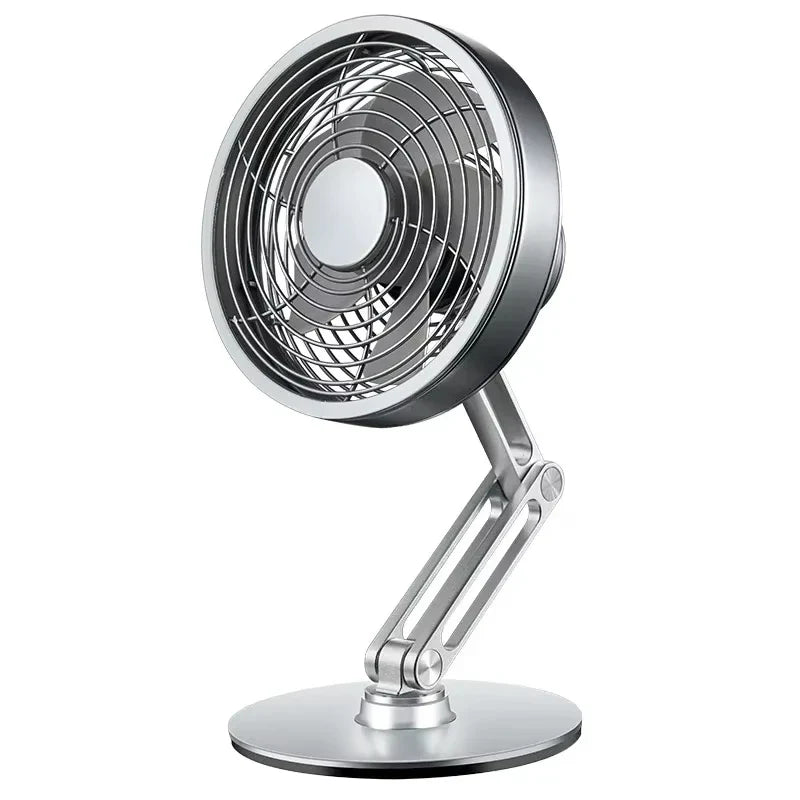USB Rechargeable Aluminum Mini Fan with 360° Rotation, Foldable Stand and 3 Speed Control for Desktop and Travel