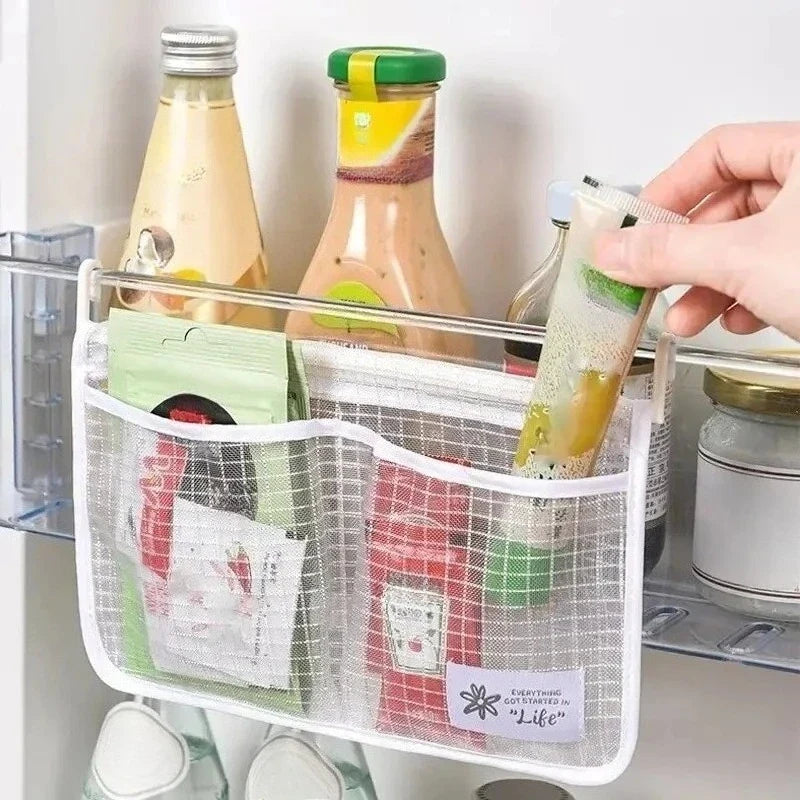 Refrigerator Mesh Organizer Bag with Double Compartment Hanging Design for Sauce Packet and Kitchen Storage