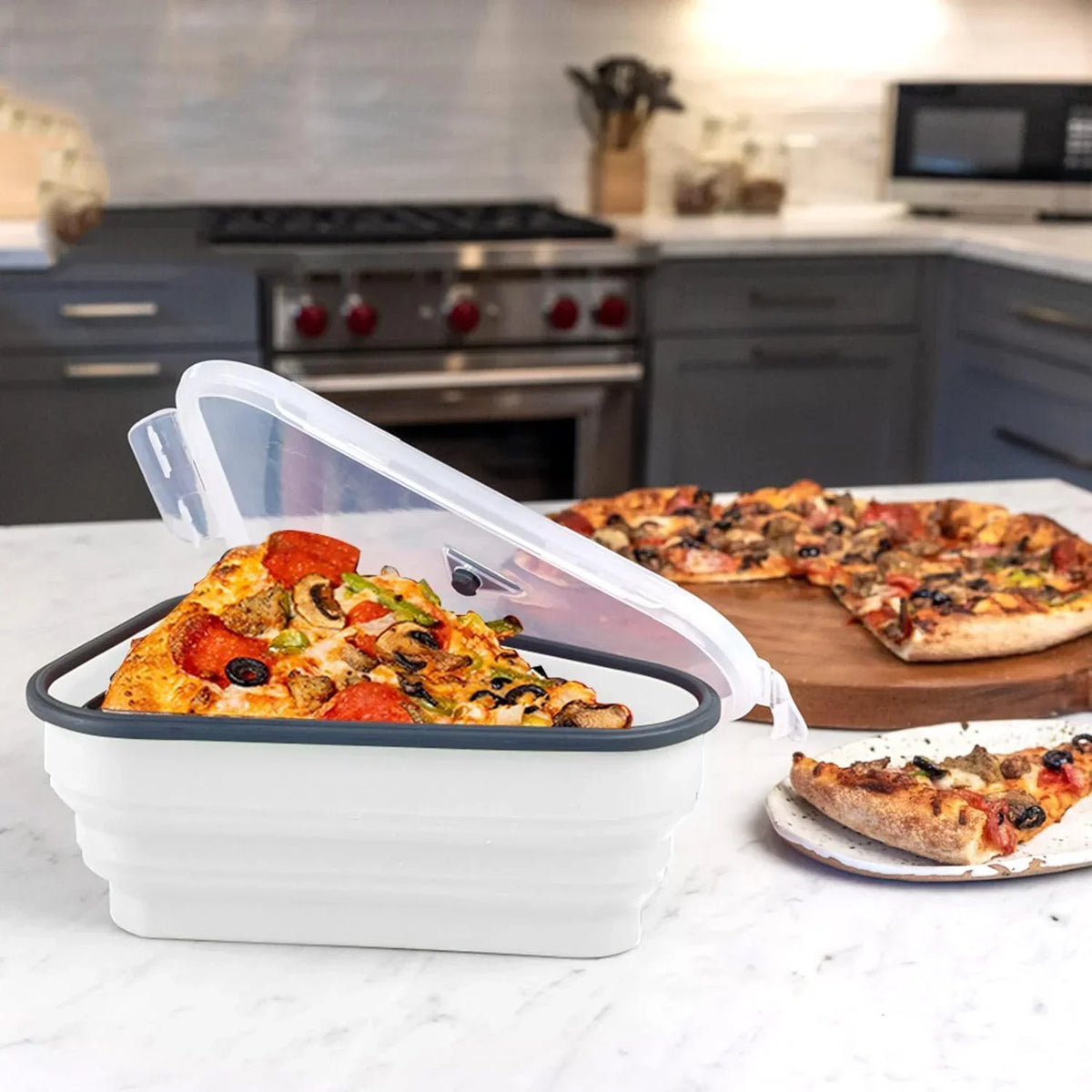 Silicone Pizza Storage Container with Collapsible Design and Microwavable Serving Trays for Leftover Storage