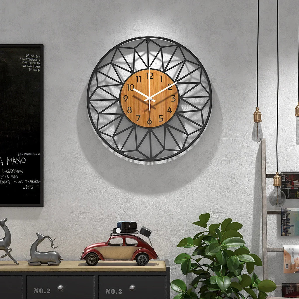 Geometric Metal Wall Clock with Hollow Frame and Simulated Wood Grain Dial for Living Room Decor