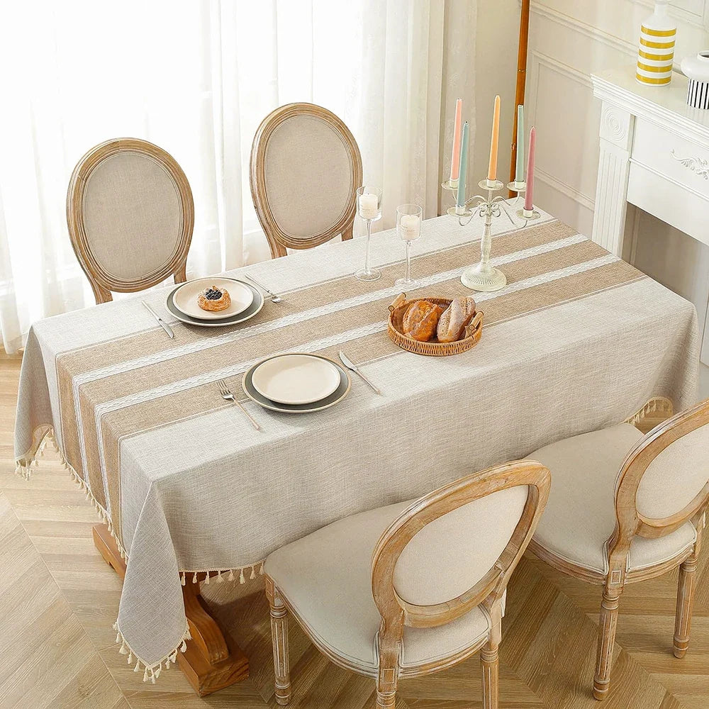 Linen Table Cloth Farmhouse Cotton Blend with Water Resistant Coating and Tassel Edges for Dining Table