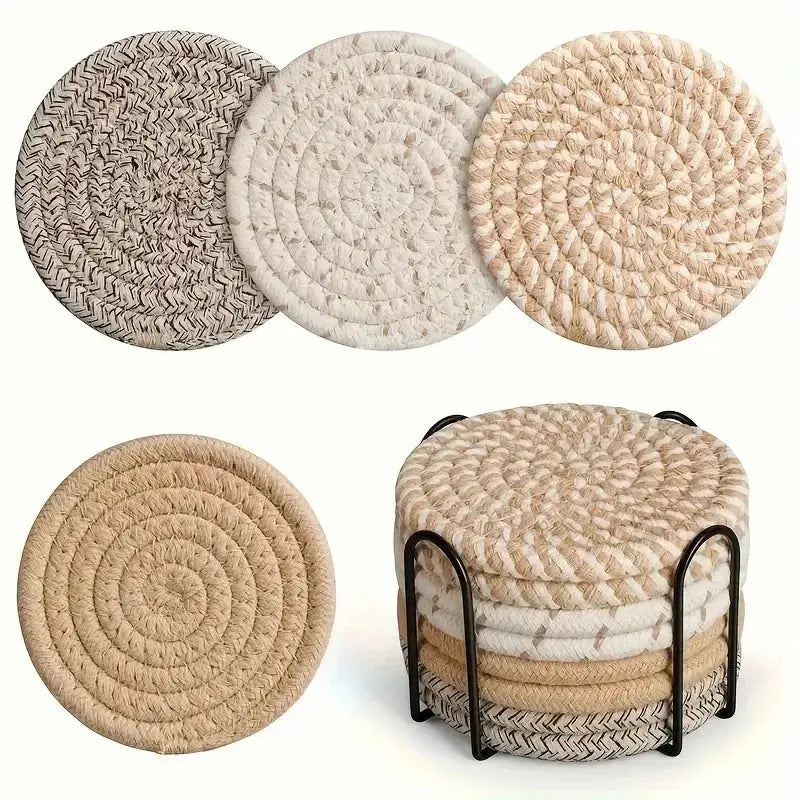 8 Piece Knitted Heat Resistant Coaster Set Spiral Pattern Tabletop Protector