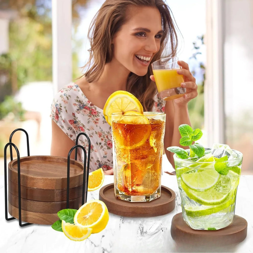 Absorbent Wooden Drink Coasters with Holder for Table Protection Farmhouse Office Bar Use