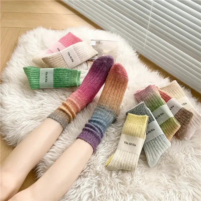 Gradient Wool Cashmere Long Knit Socks for Women with Thick Thermal Knit for Autumn and Winter Wear