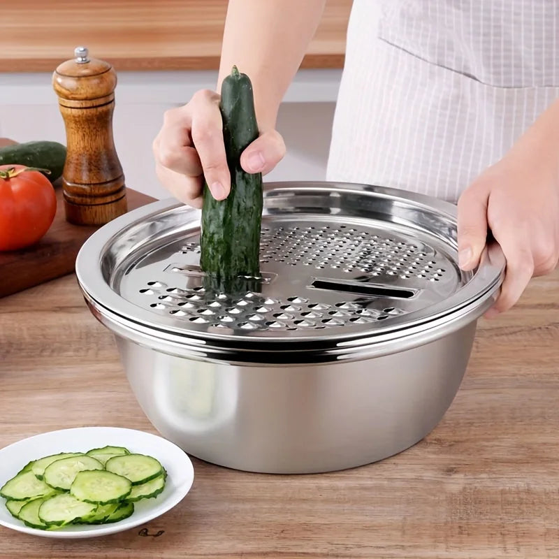 Stainless Steel Slicer Bowl Set with Colander and Grater Design for Fruit Vegetable Prep and Mixing