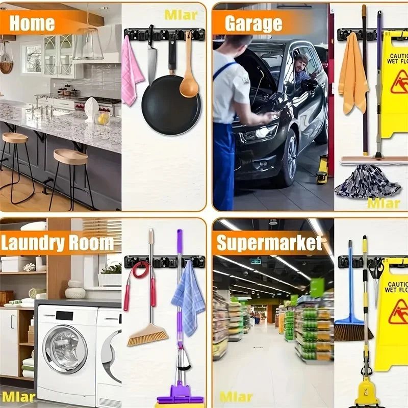Wall Mounted Mop Holder with Multi Position Slots and Hooks for Broom and Cleaning Tool Storage