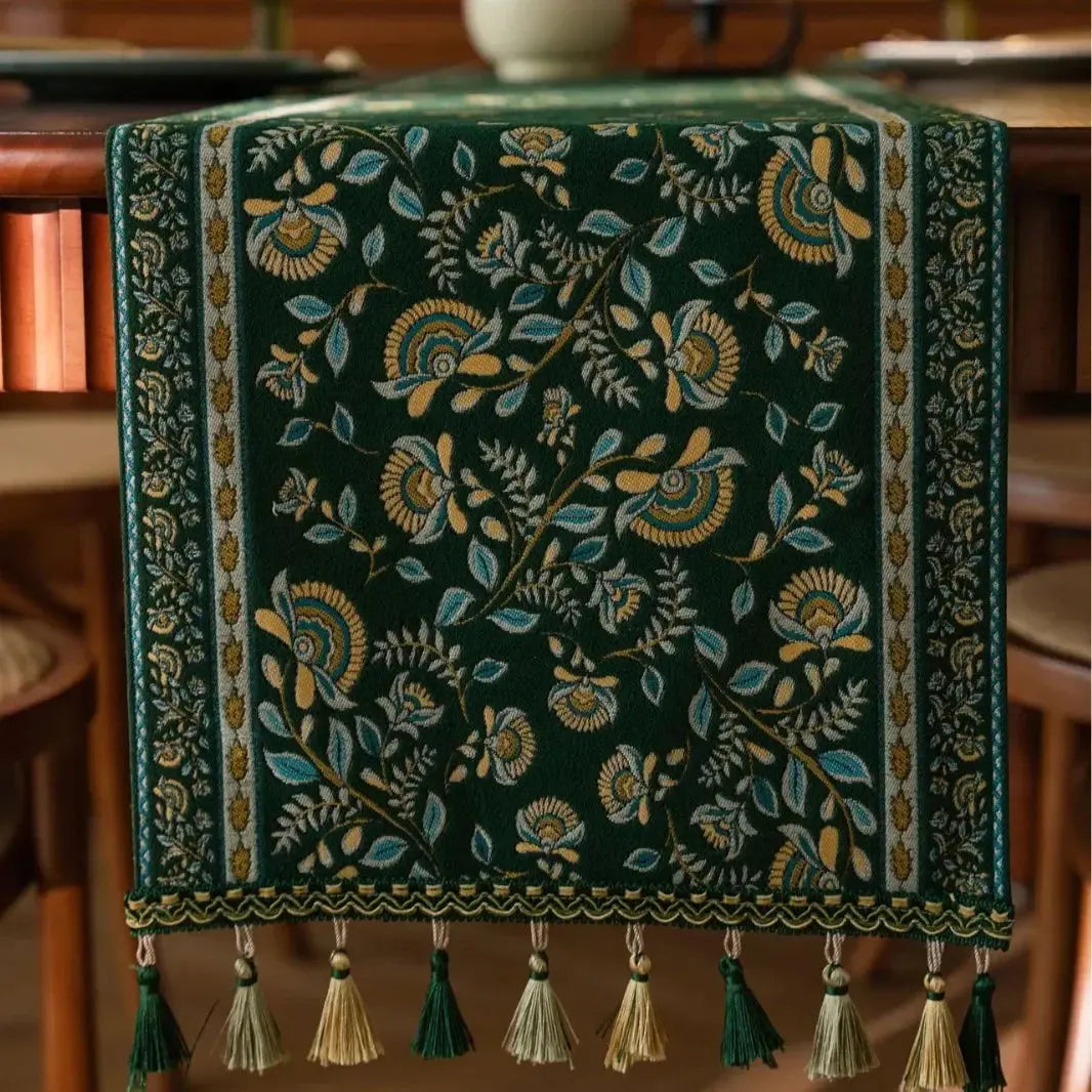 Jacquard Plant Table Runner with Tassels for Dining Table Decor