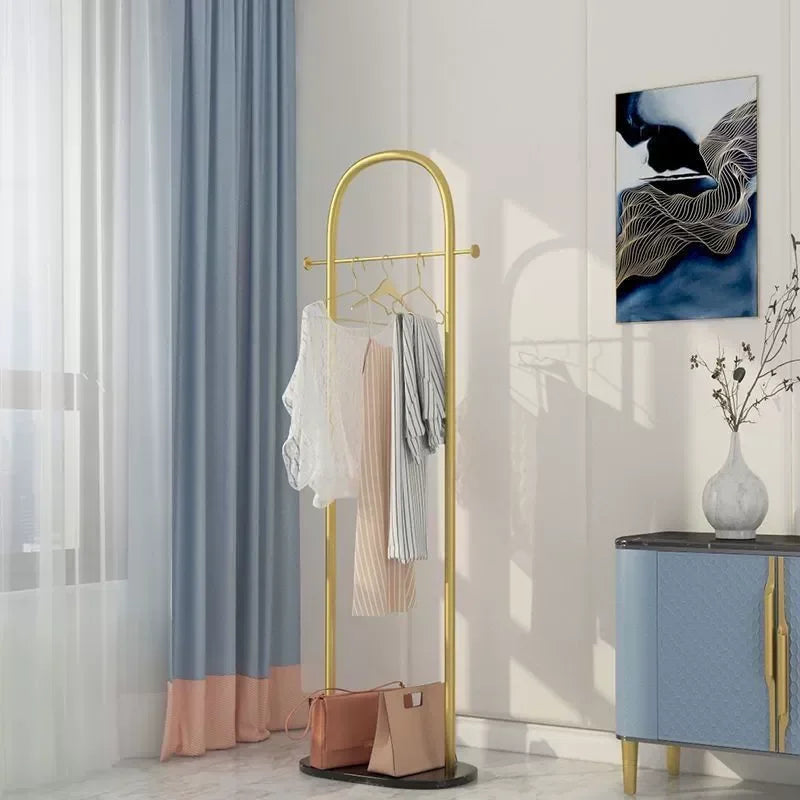 Metal Free-Standing Clothes Hanger with Marble Base, Minimalist Bedroom Coat Rack with Storage Shelf for Garments and Accessories