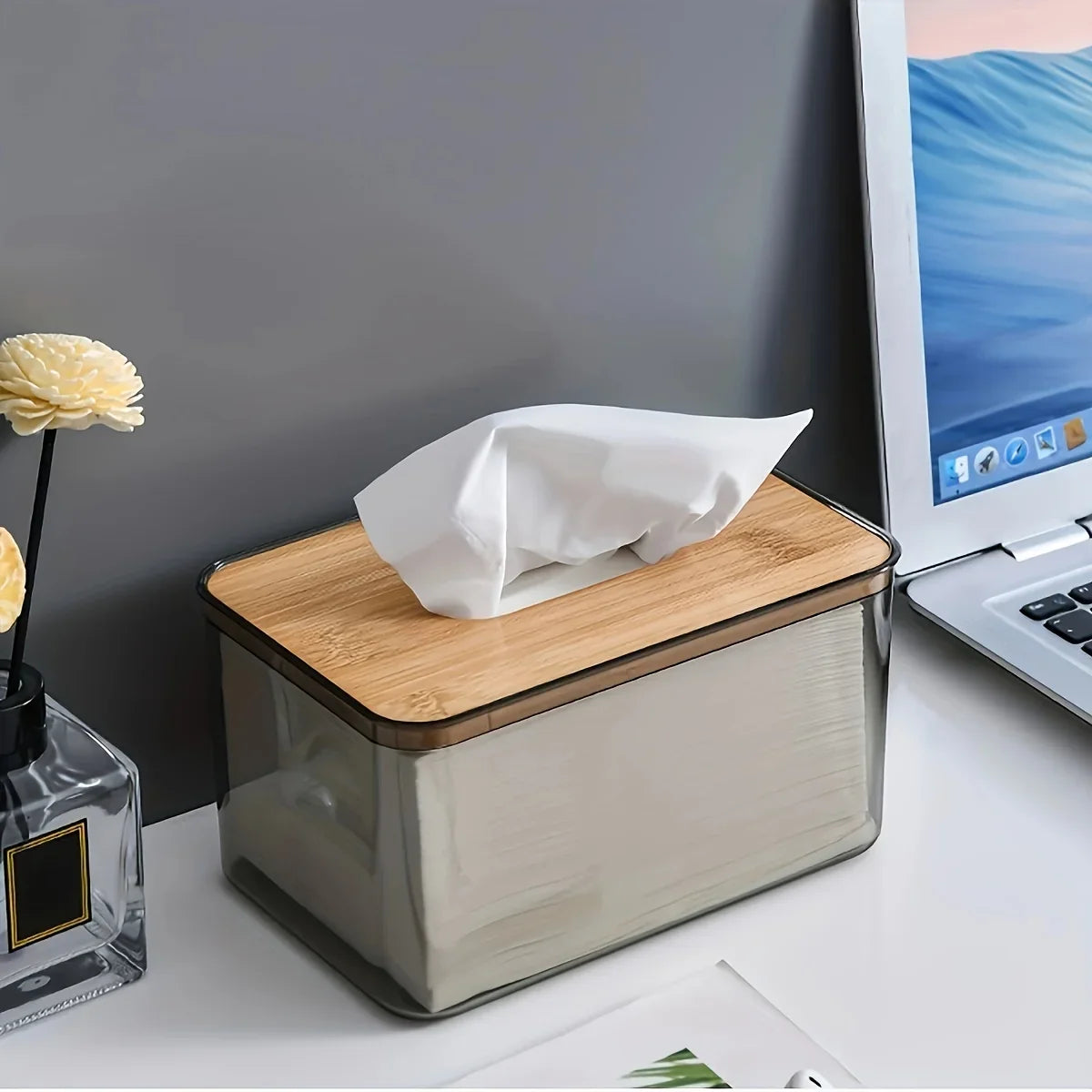 Transparent Tissue Box Holder with Bamboo Lid for Living Room, Bedroom, Office, and Bathroom Storage