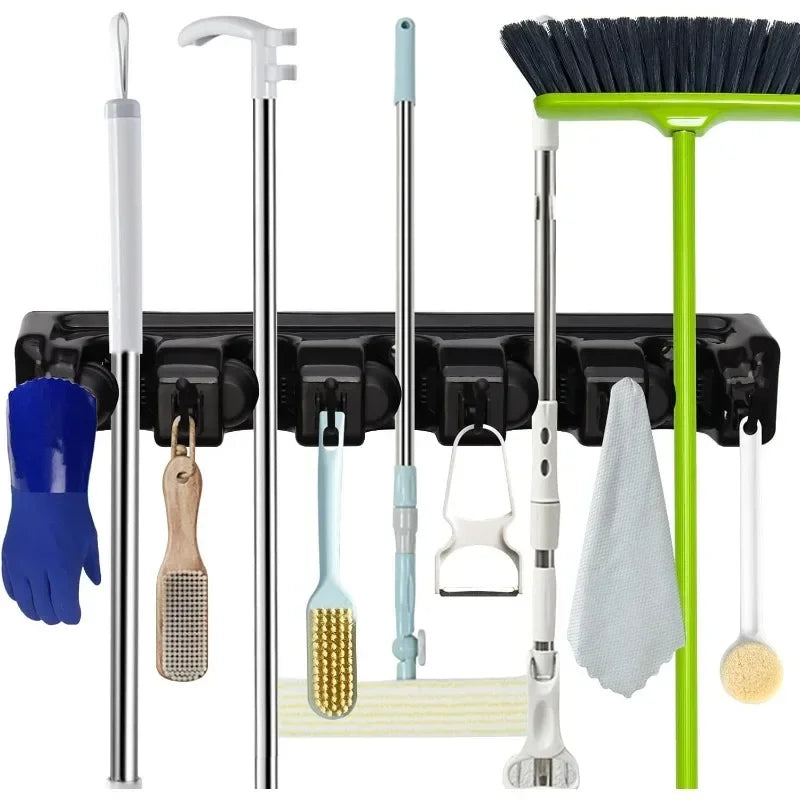 Wall Mounted Mop Holder with Multi Position Slots and Hooks for Broom and Cleaning Tool Storage