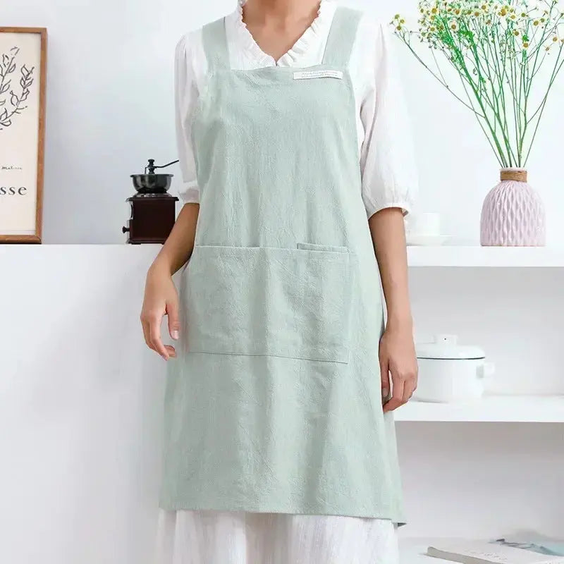 Japanese Korean Style Cross Back Cotton and Linen Apron with Pockets for Kitchen and Work