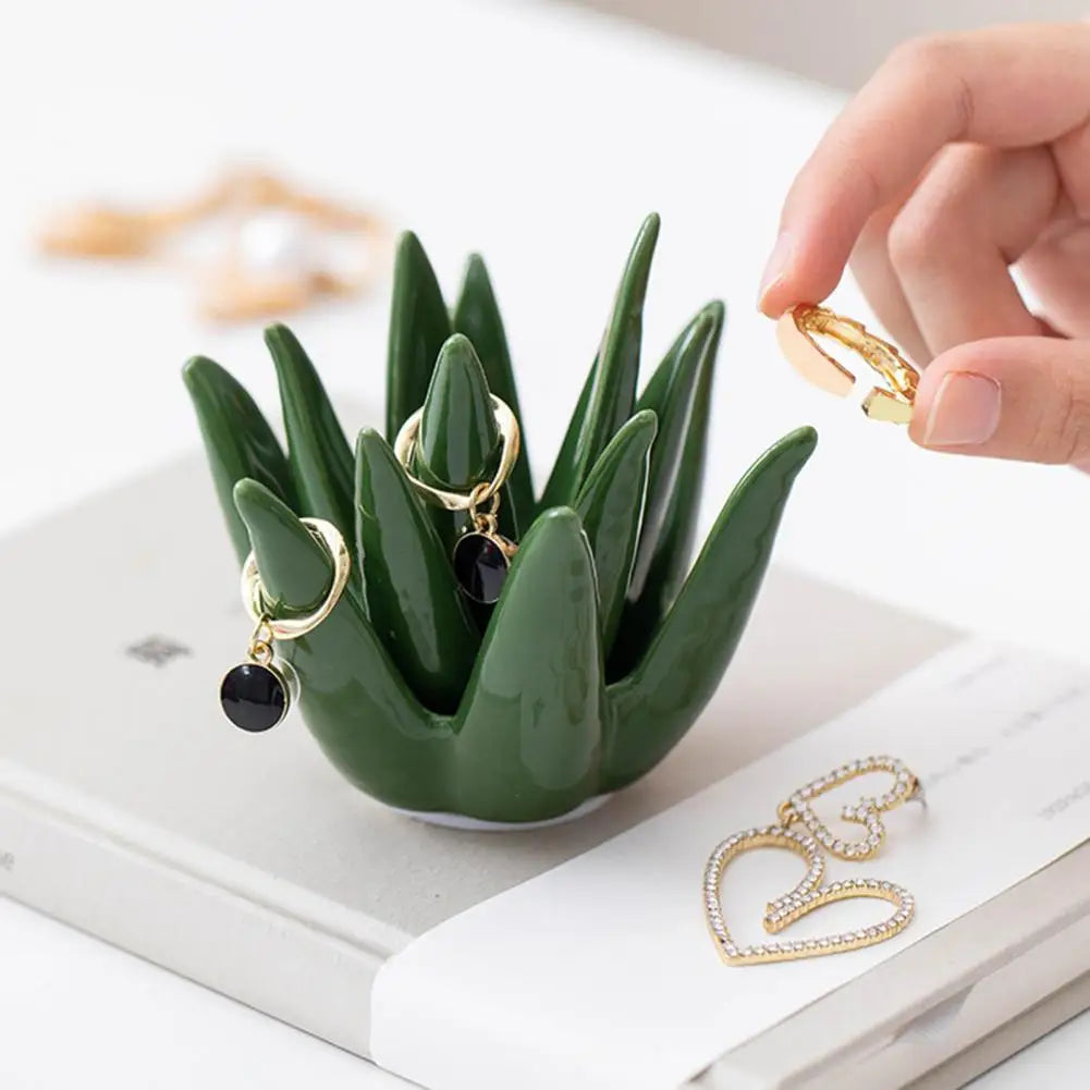 Succulent Ring Holder Dish with Ceramic Cactus Design for Jewelry Storage and Gift Giving