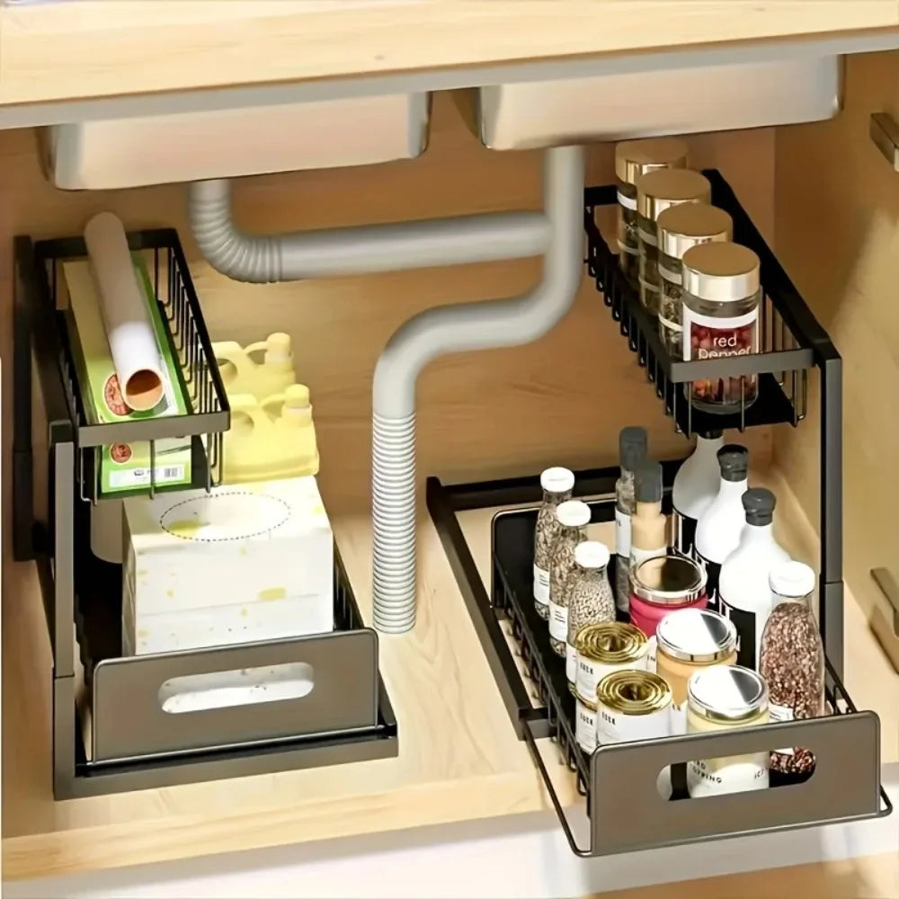 Double Layer Under Sink Organizer with Pull Out Sliding Shelf Design for Kitchen and Bathroom Storage