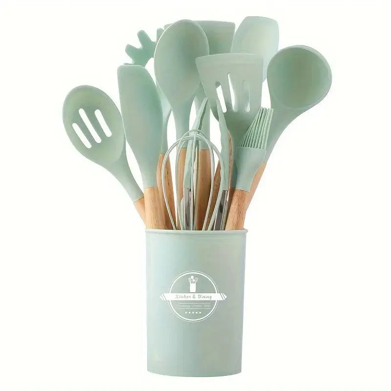 12 Piece Silicone Kitchen Utensils Set with Wooden Handles Non Stick Heat Resistant Cooking Tools
