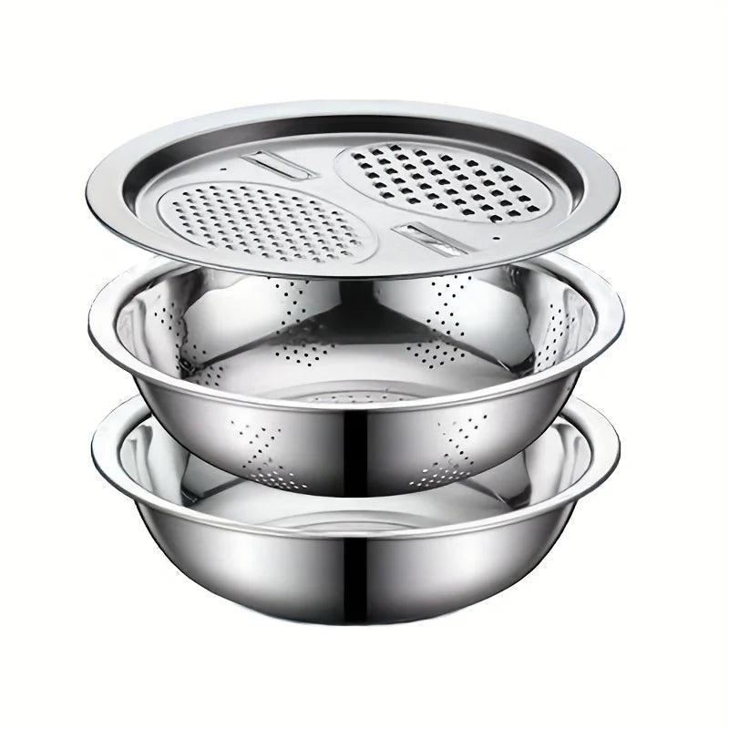 Stainless Steel Slicer Bowl Set with Colander and Grater Design for Fruit Vegetable Prep and Mixing