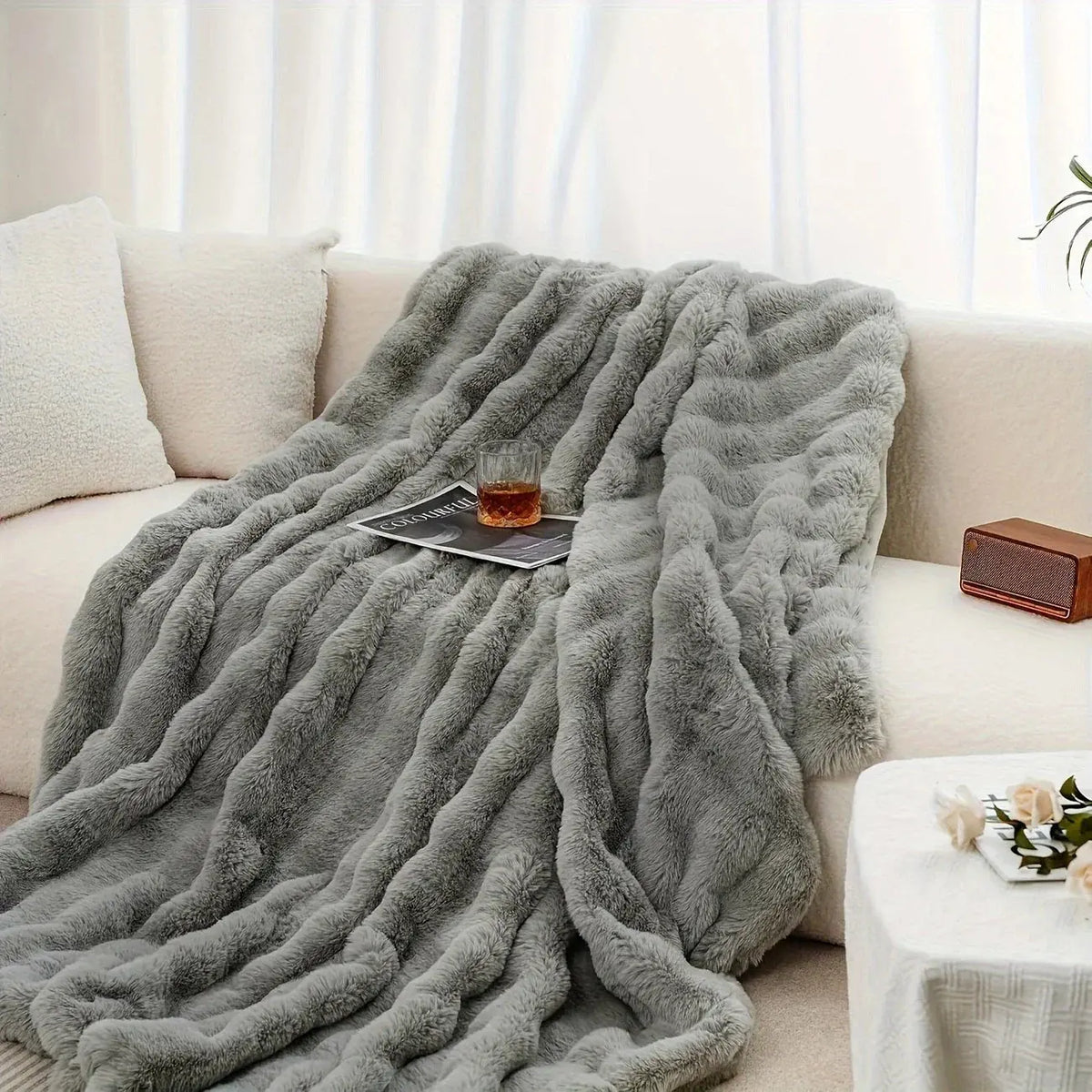 Tie Dye Faux Rabbit Fur Throw Blanket with Reversible Plush Design for Couch Bed and Travel