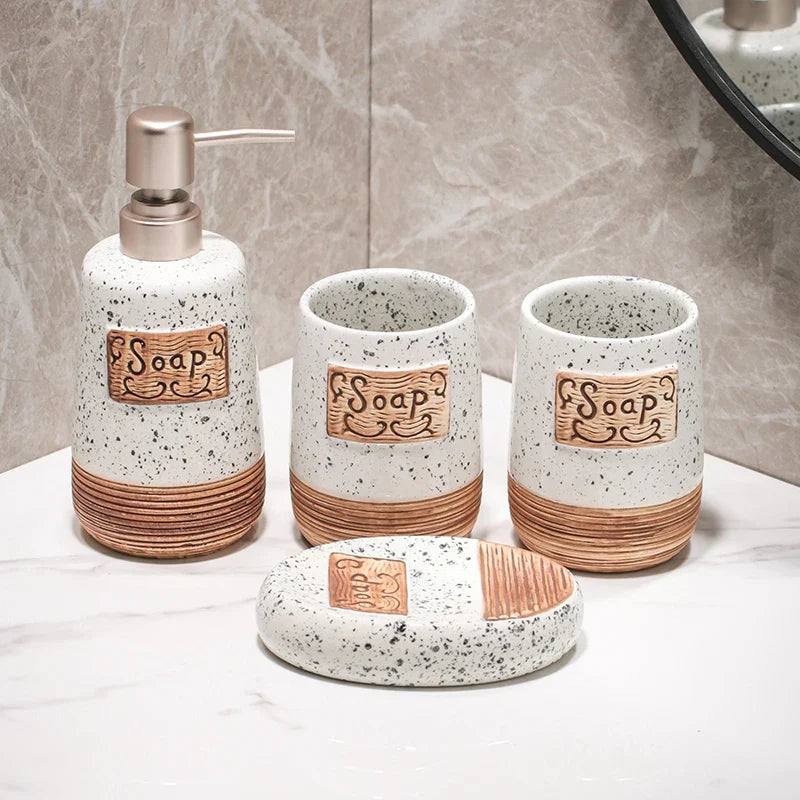 Ceramic Bathroom Accessory Set with Lotion Dispenser Cup Soap Dish and Countertop Holder