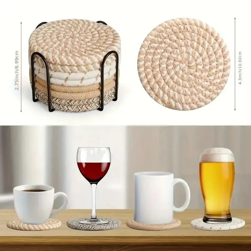 8 Piece Knitted Heat Resistant Coaster Set Spiral Pattern Tabletop Protector