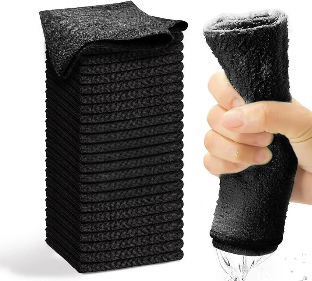 Black Microfiber Cleaning Cloth Set with Soft Lint Free Absorbent Fabric for Household Kitchen Office and Car Cleaning