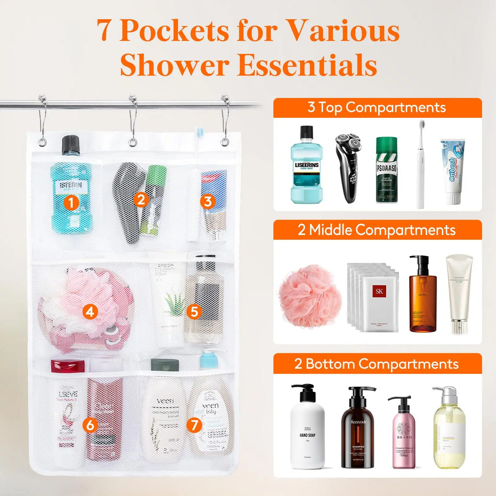 Hanging Mesh Shower Organizer Bag with Multiple Storage Pockets for Bathroom Travel Dorm and Camping Use (3 Hooks Included)