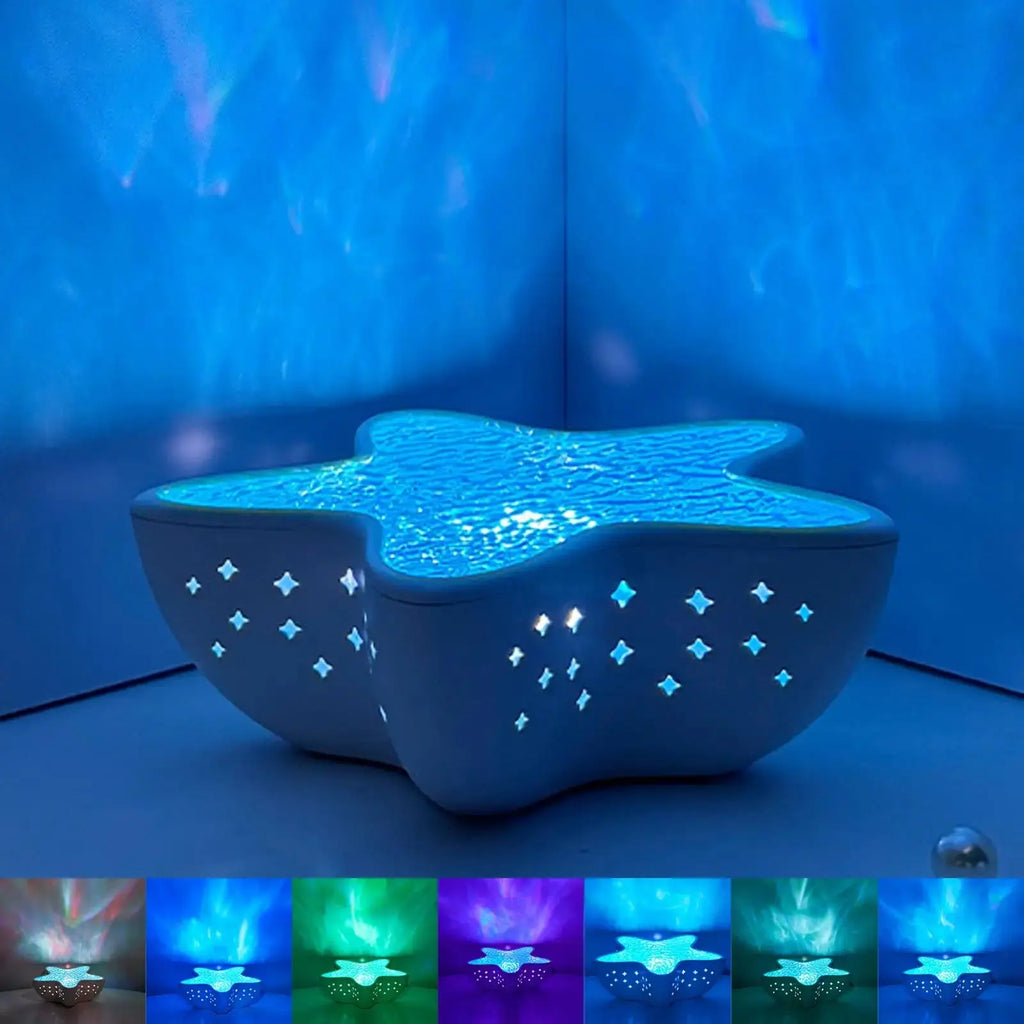Starfish Projection Lamp with Seven Color Ocean Wave Lighting and USB Rechargeable Design for Bedroom and Ambient Room Decor