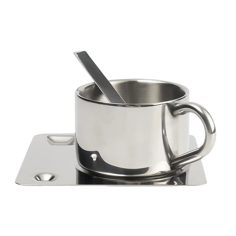 Stainless Steel Teacup Set with Saucer and Spoon for Coffee Tea Serving and Gift Use