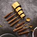 Gold Stainless Steel Measuring Cups and Spoons Set with Wooden Handles for Baking