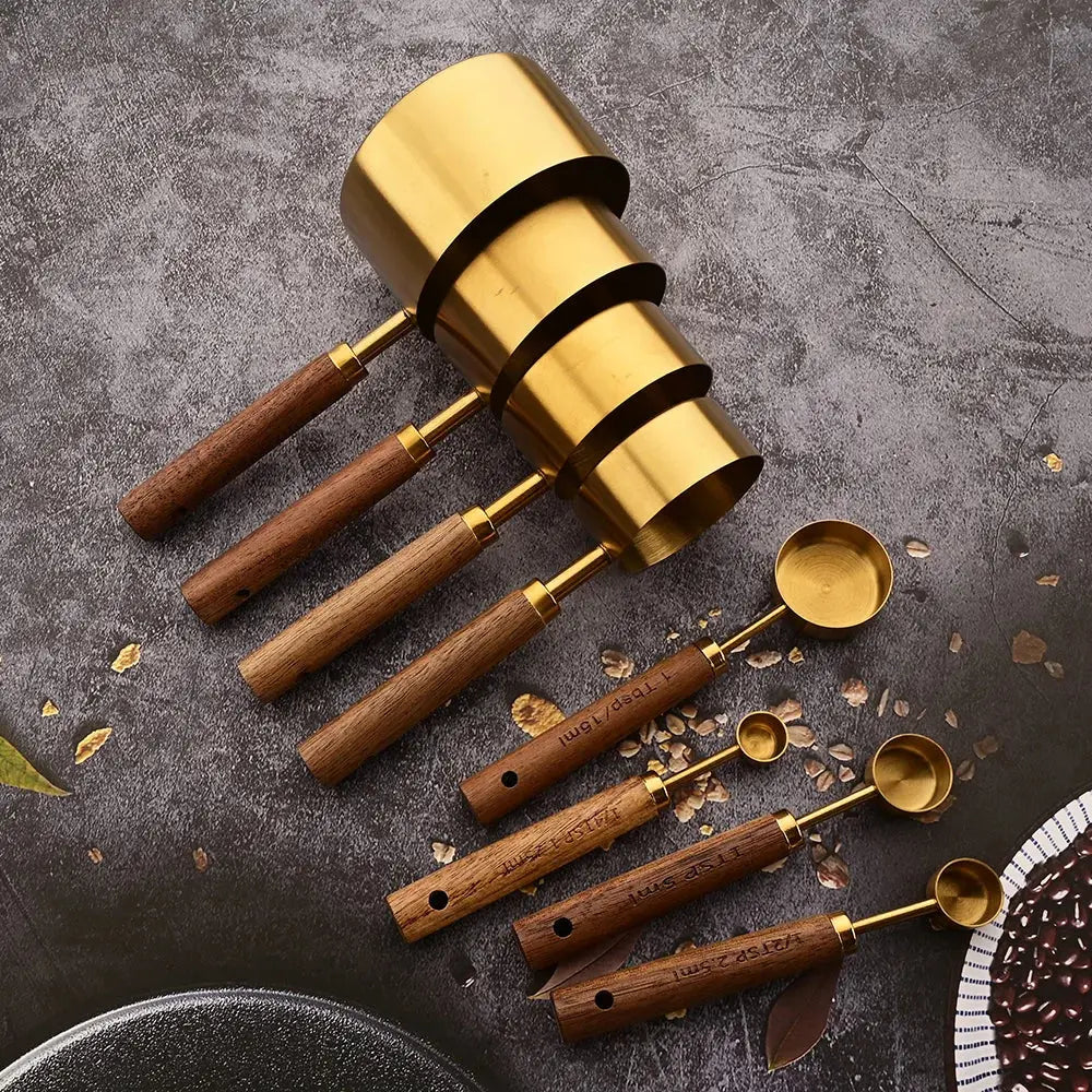 Gold Stainless Steel Measuring Cups and Spoons Set with Wooden Handles for Baking