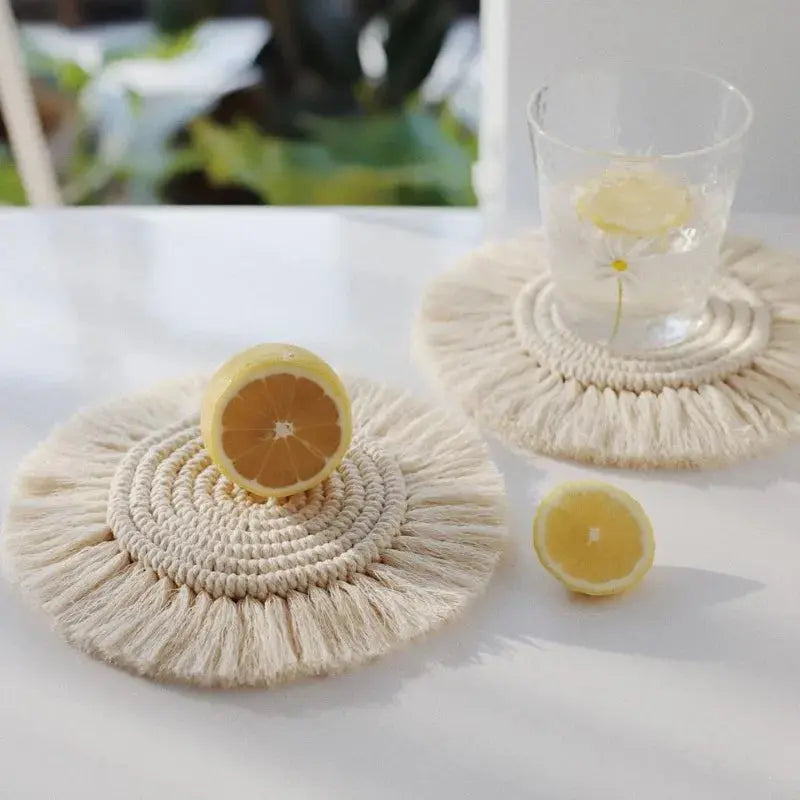 2Pcs Handmade Cotton Braid Macrame Coaster Boho Non Slip Cup Mat Table Decor