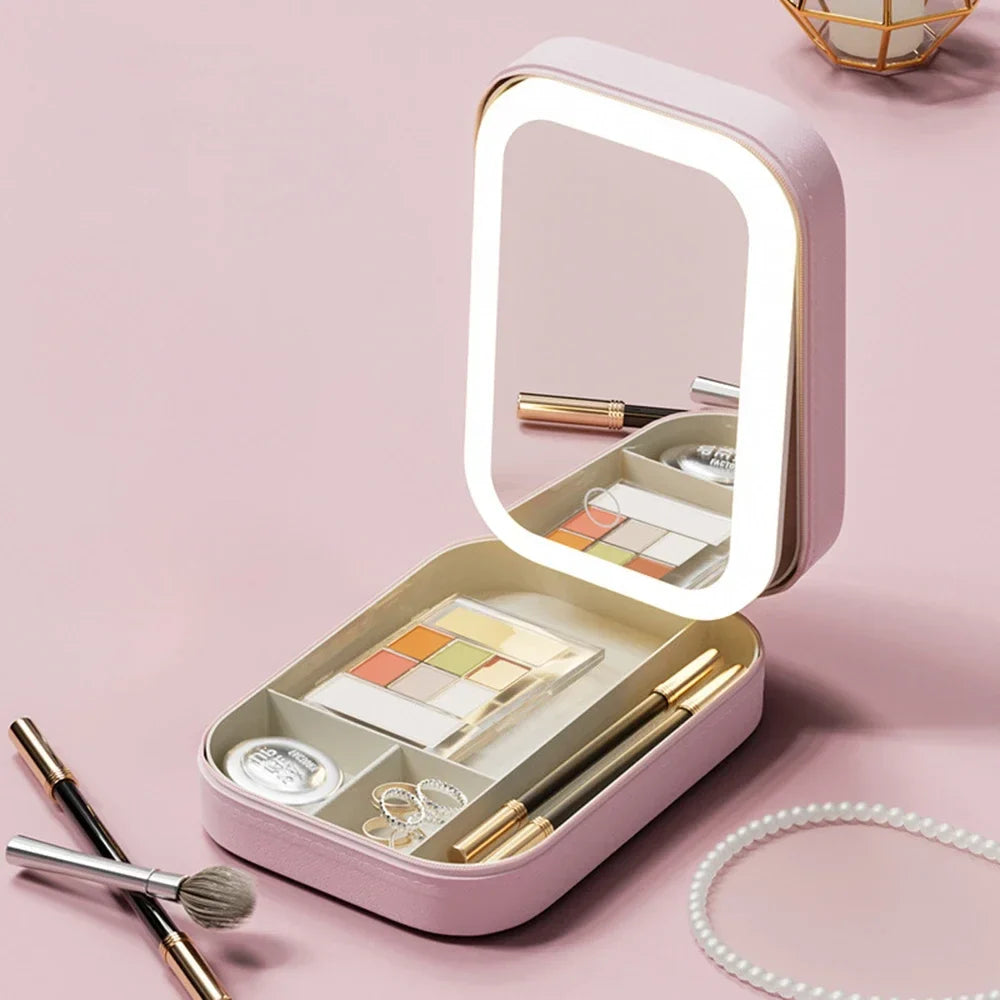 LED Makeup Case with Portable Mirror and Large Capacity Storage for Travel Beauty Organization (7×5×2" /16.5×11.5×6cm)