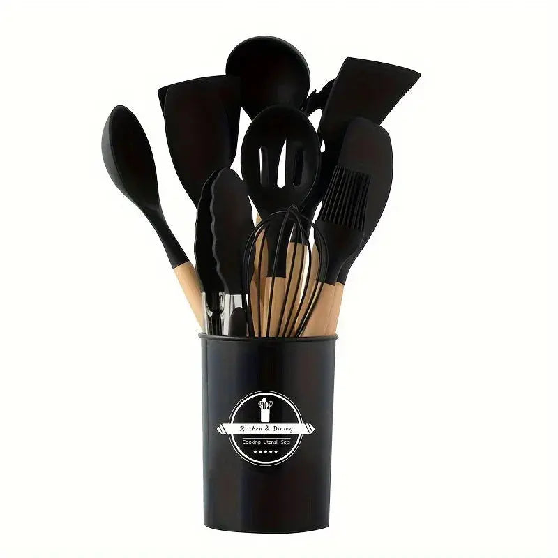 12 Piece Silicone Kitchen Utensils Set with Wooden Handles Non Stick Heat Resistant Cooking Tools