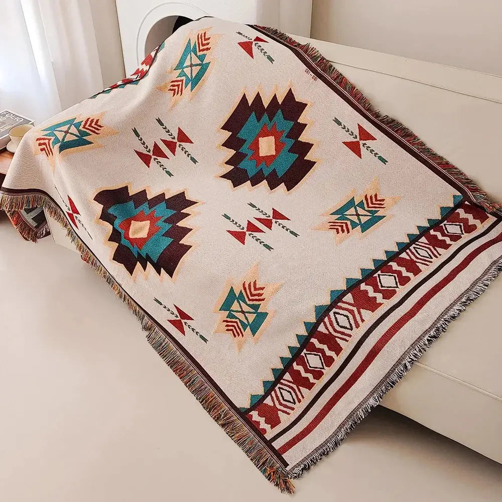 Oversized Aztec Woven Throw Blanket with Fringe Detailing for Home Décor and Layered Styling