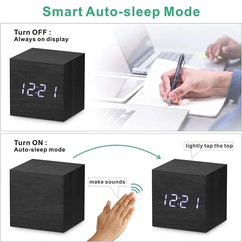 Wooden LED Digital Alarm Clock with Temperature Display and Sound Control for Desktop and Bedside Use