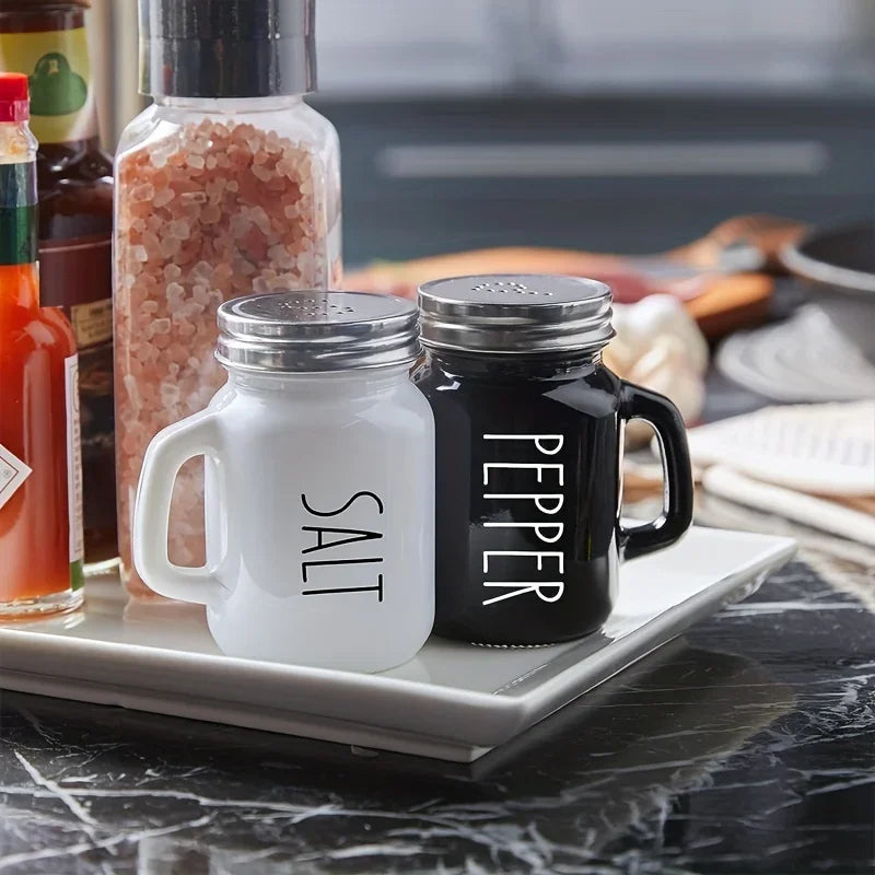 Handled Glass Shaker Set with Stainless Steel Lids for Salt Pepper and Home Table Seasoning