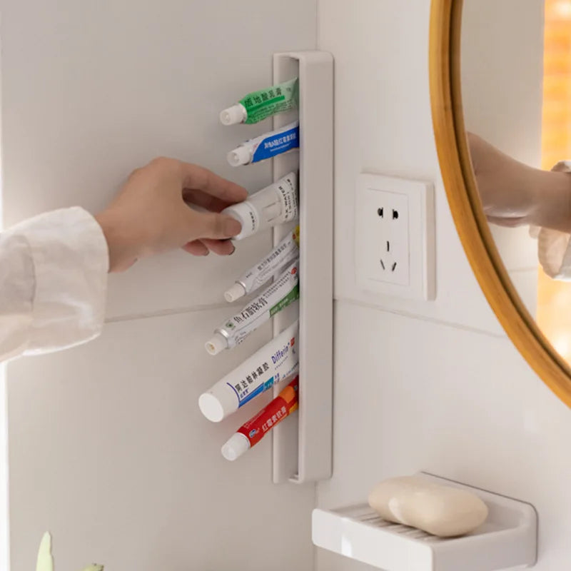 Nail-free Adhesive Toothpaste Holder with Squeezer Design for Bathroom Storage Organization